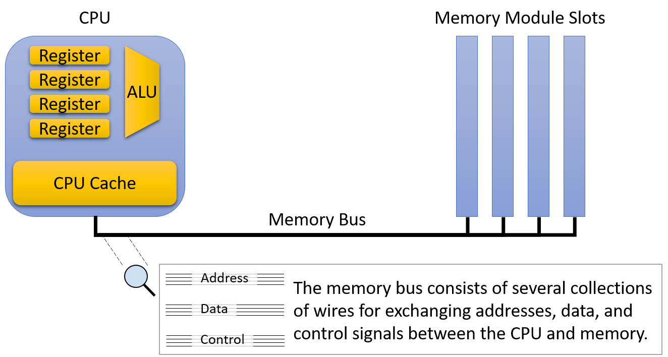 The registers and ALU are nearby one another on the CPU.  The CPU connects to main memory via a memory bus, which consists of several collections of wires for exchanging addresses, data, and control signals between the CPU and memory.