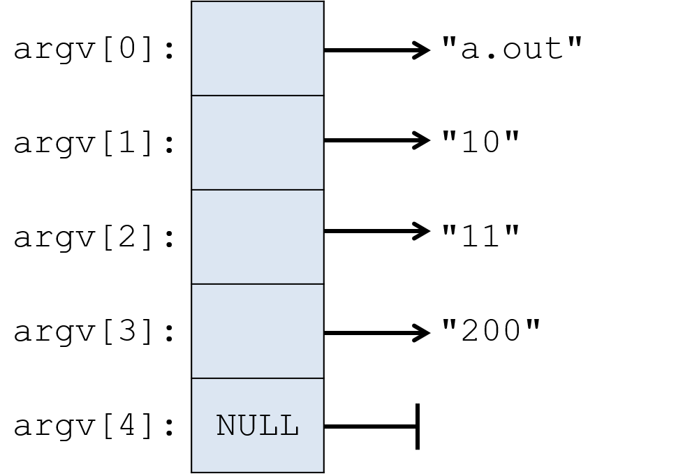 an example argv list with 5 elements, one for the 3 input values (10, 11, 200) plus the executable as the first element, and NULL as the last.