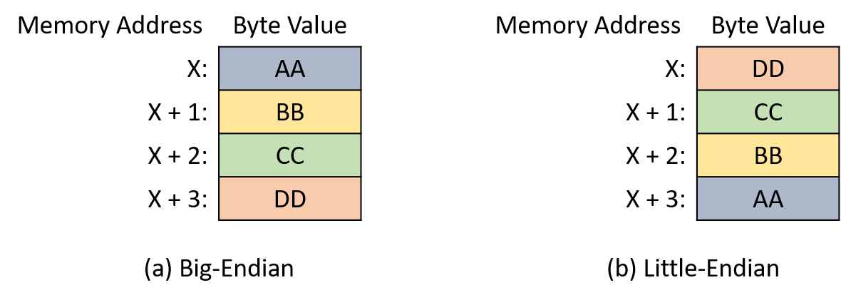 In the big-endian format, byte AA occupies position X, and the bytes proceed in alphabetical order in consecutive addresses.  In the little-endian format, byte DD occupies position X, and the bytes proceed in reverse alphabetical order.