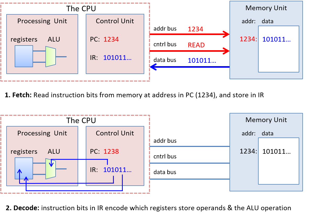 This figure of von Neumann execution shows the processing, control and memory units in each of the four stages of execution. Each unit is shown as a box, with buses shown as lines running below the boxes to which each box is connected.