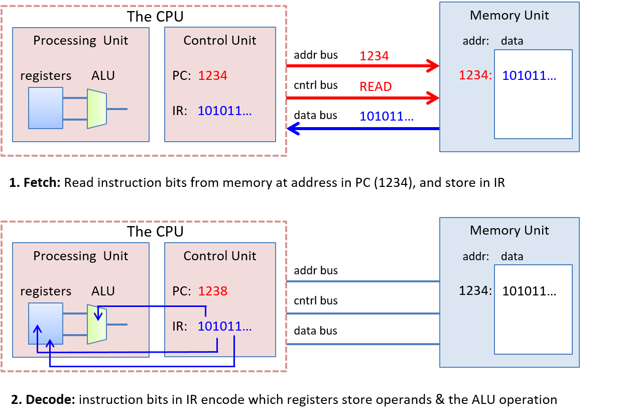 This figure of von Neumann execution shows the processing, control and memory units in each of the four stages of execution.  Each unit is shown as a box, with buses shown as lines running below the boxes to which each box is connected.